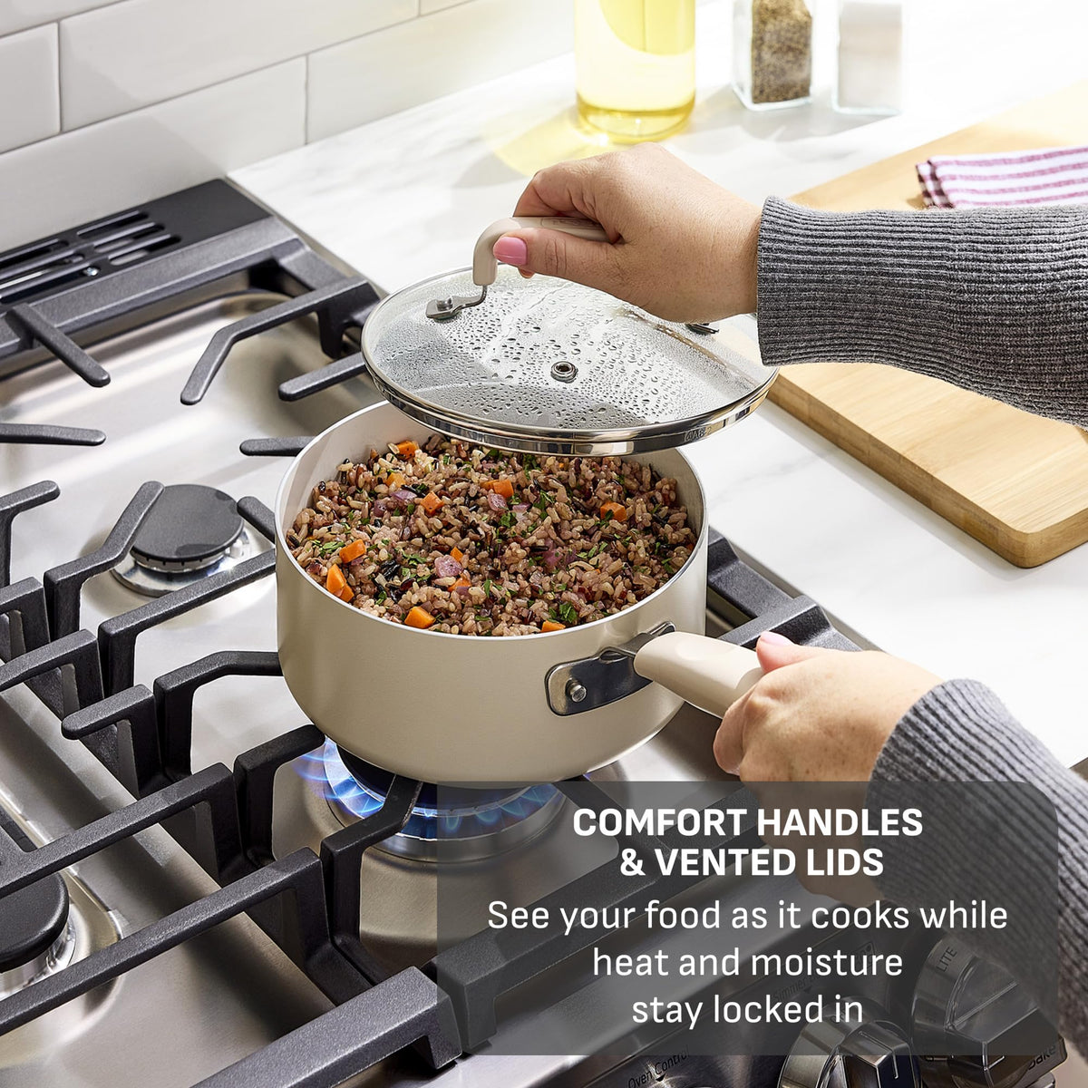 T-Fal Signature oven safe to 350°F allows finishing dishes in the oven.