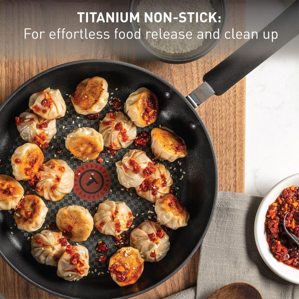 T-Fal Thermo-Spot indicator shows proper preheating for consistent cooking.