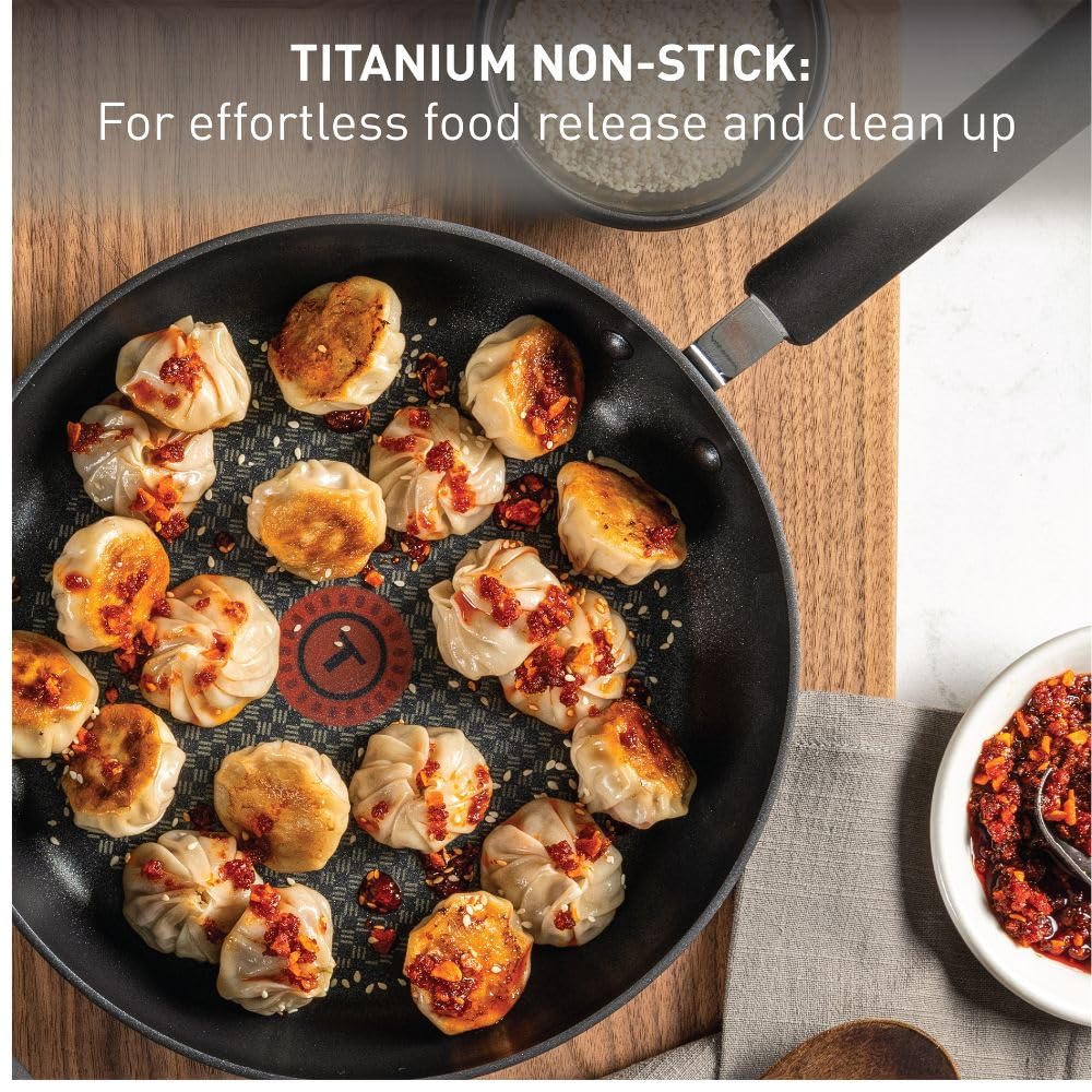 T-Fal Ultimate hard anodized pan nonstick coating promotes easy release and cleanup.