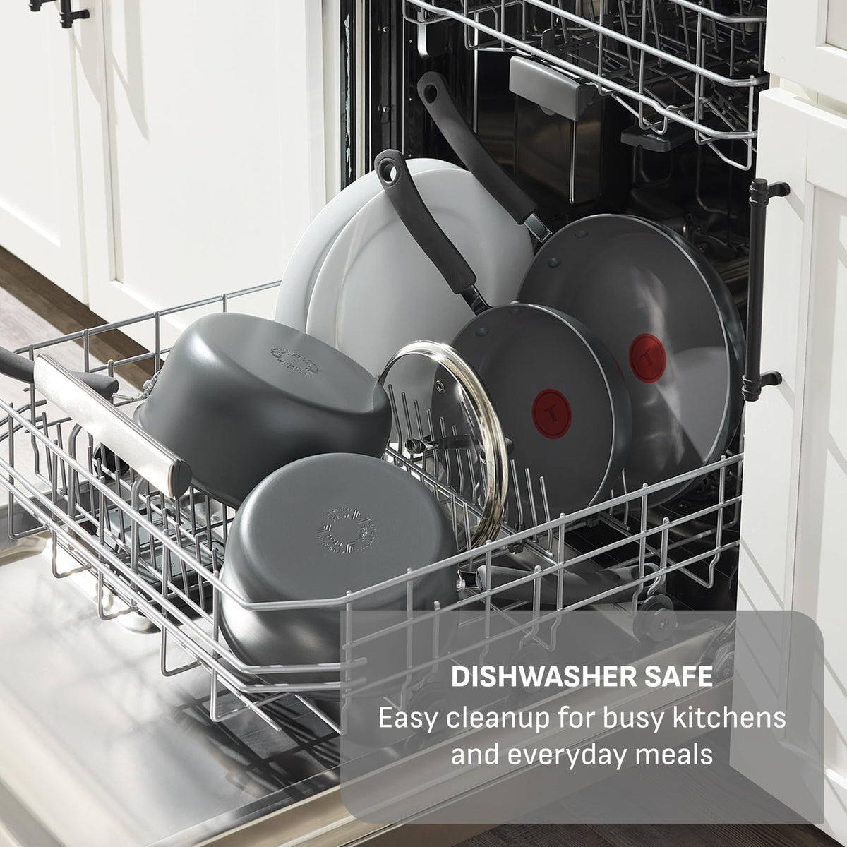 T-Fal Ultimate vented glass lids provide visibility and heat retention.