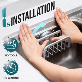 TAILI sink caddy in rustproof aluminum keeps sponges dry and organized.