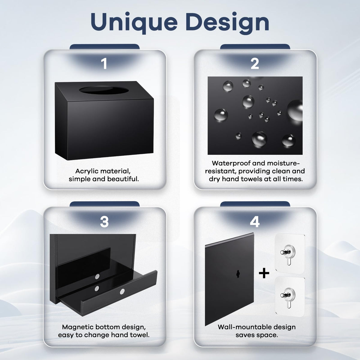 Clear waterproof acrylic surface resists splashes and cleans easily.