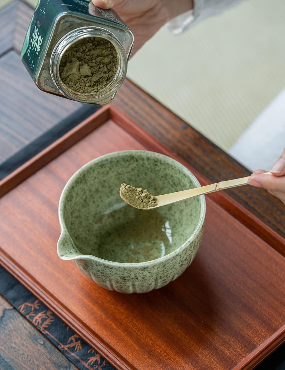 Tang Pin Matcha Set chasen holder keeps whisk upright for tidy, quick whisking.