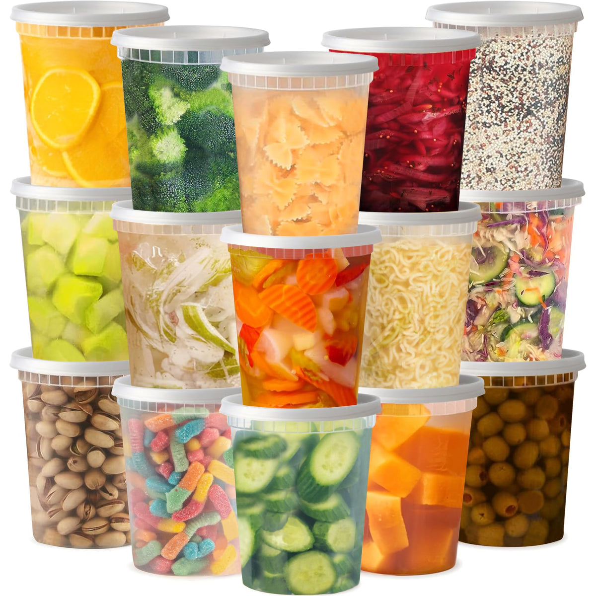 TashiBox 48-pack 32 oz deli containers with clear lids for quick content spotting.