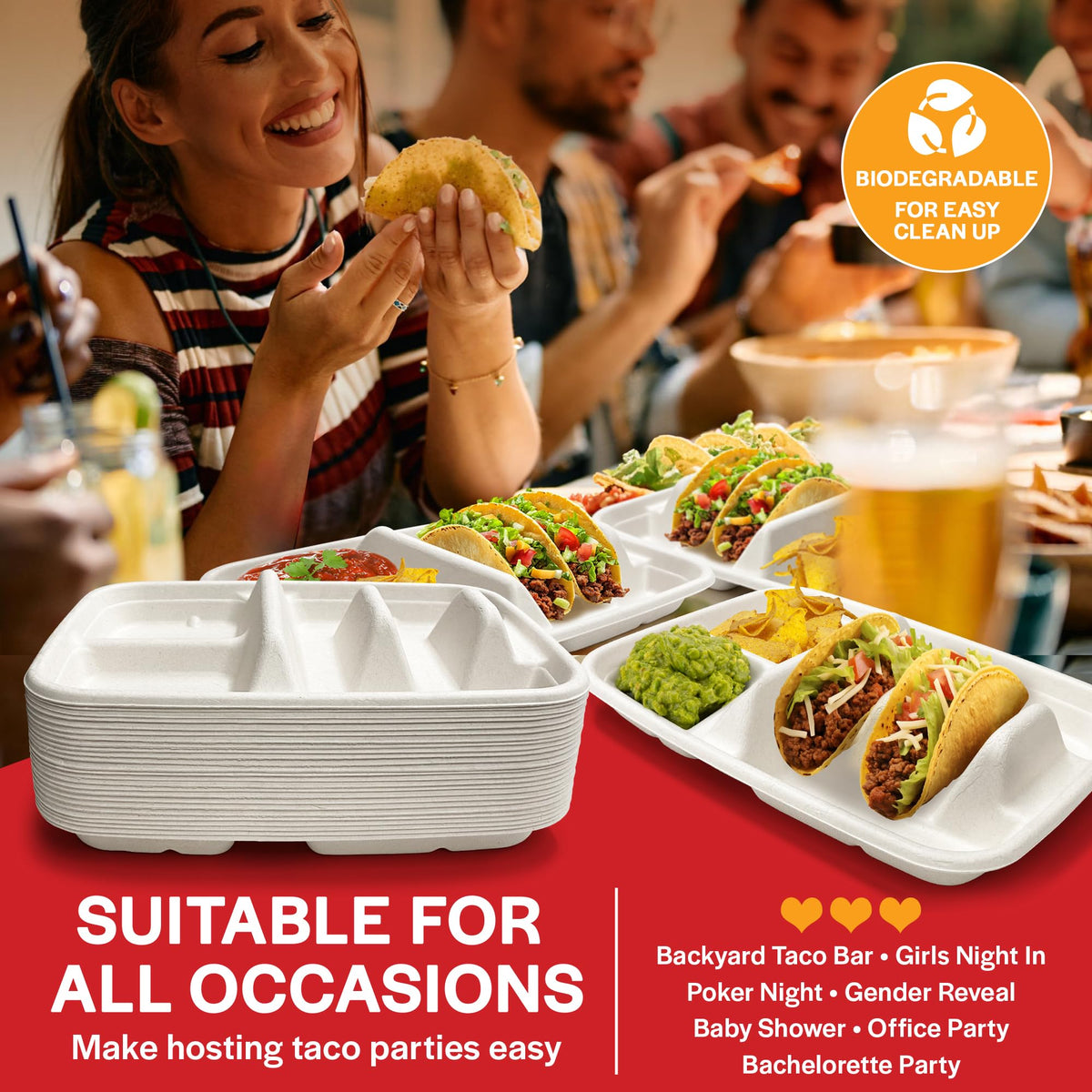 Tasty Taco compostable symbol on plate communicates eco-friendly disposal.