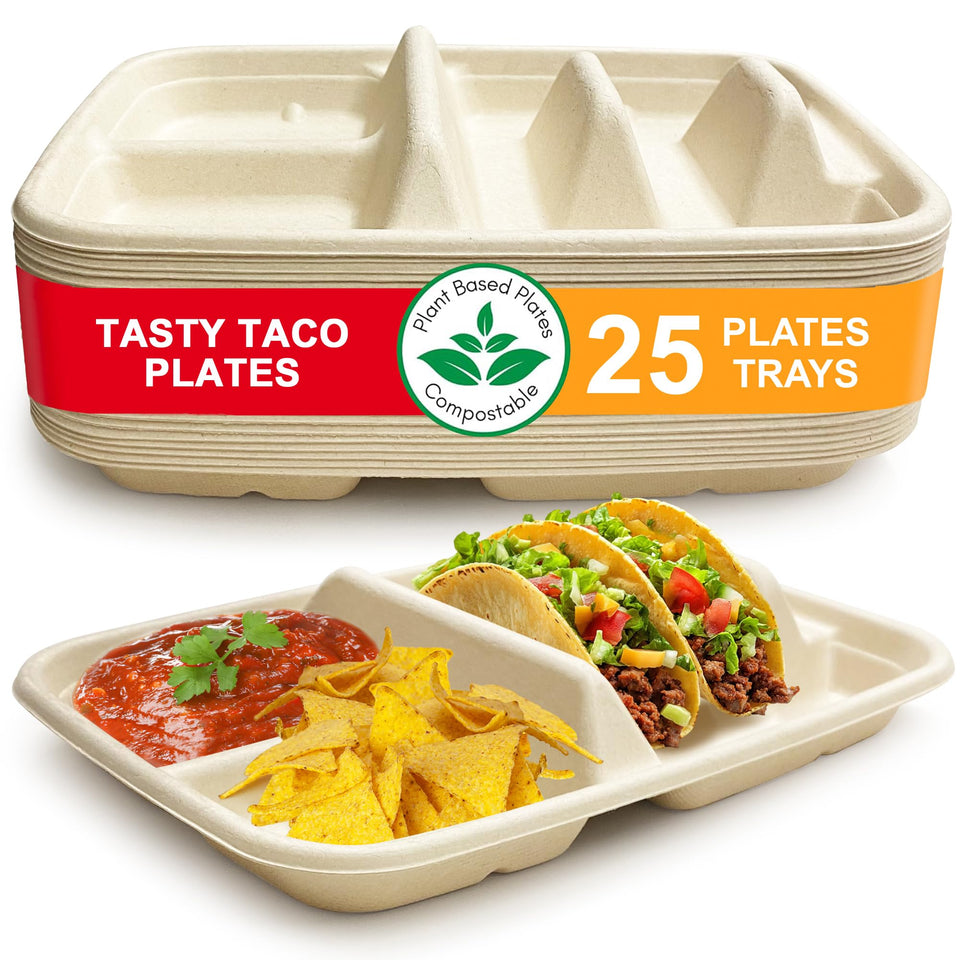 Tasty Taco disposable plates with dividers holding two tacos and two sides.