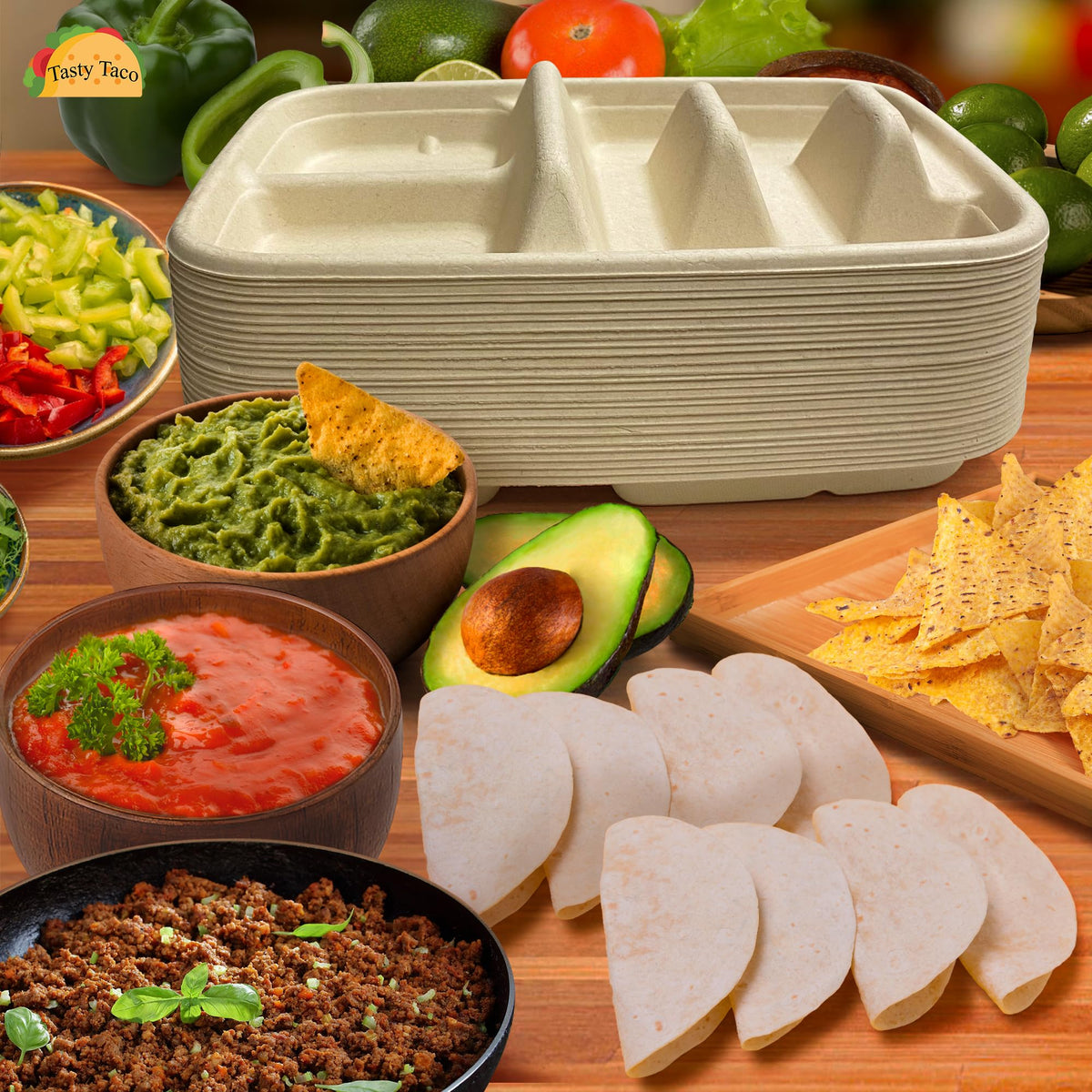 Beige divided Tasty Taco plates showing sturdy design for easy cleanup.