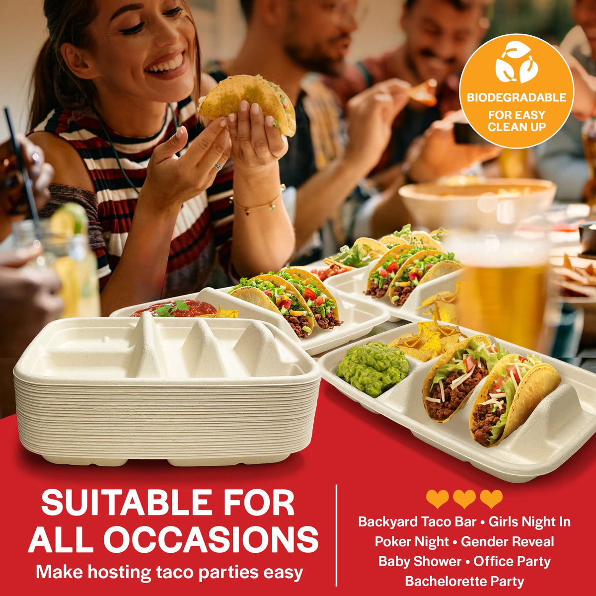 Tasty Taco beige plates offer quick cleanup after a busy gathering