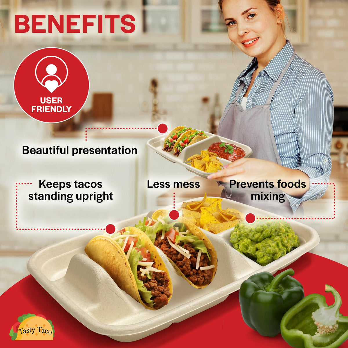 Tasty Taco plates with built-in dividers keep two tacos and sides separate