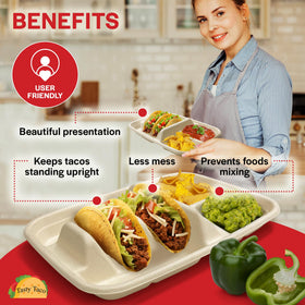 Taco bar serving set with 25-pack plates for a convenient self-serve station.