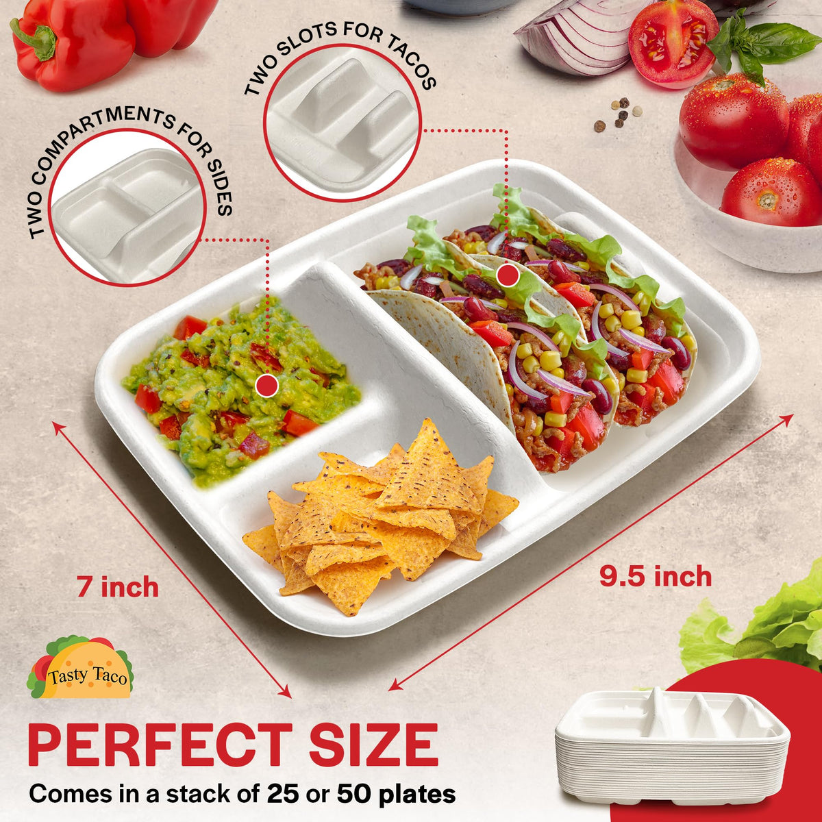 Tasty Taco taco holder stack demonstrates sturdy, mess-free serving on any table.