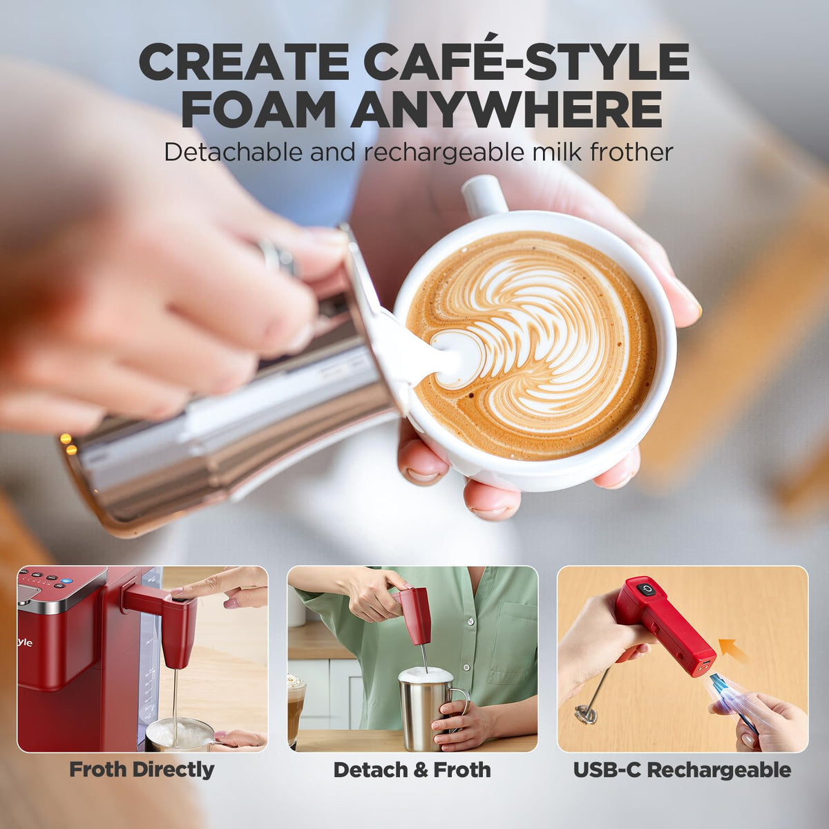 Tastyle built-in detachable milk frother provides rich froth for creamy drinks.