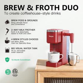 Tastyle coffee maker supports pods or grounds for flexible brewing.