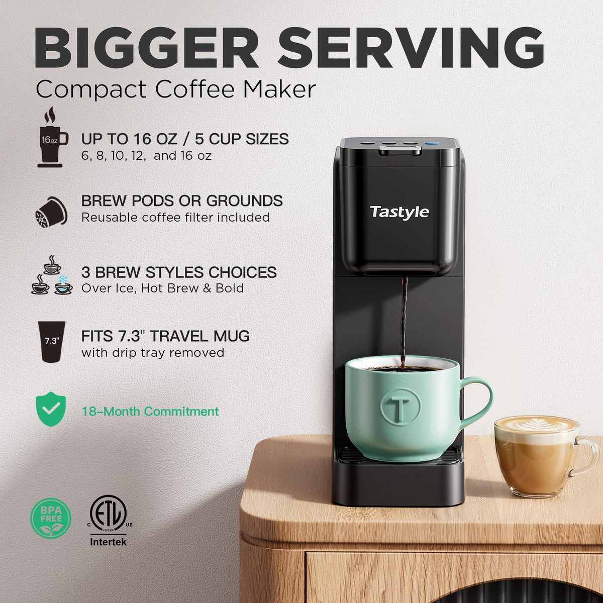 Tastyle coffee maker on counter with tall 7.3 inch travel mug