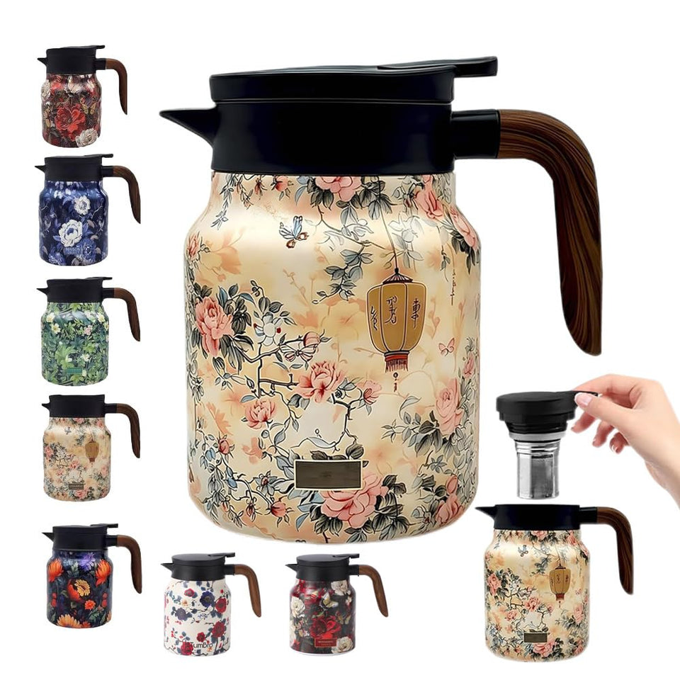 TBHAPY pink vintage floral teapot with built-in infuser for easy brewing.