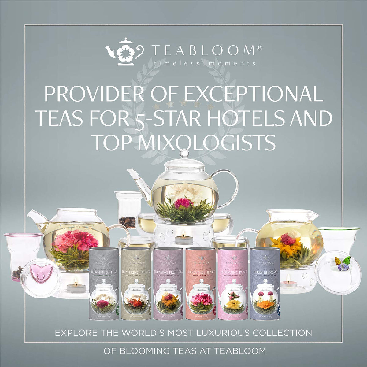 Teabloom gift-set imagery highlights premium bloom tea experience.