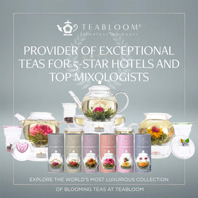 Teabloom gift-set imagery highlights premium bloom tea experience.