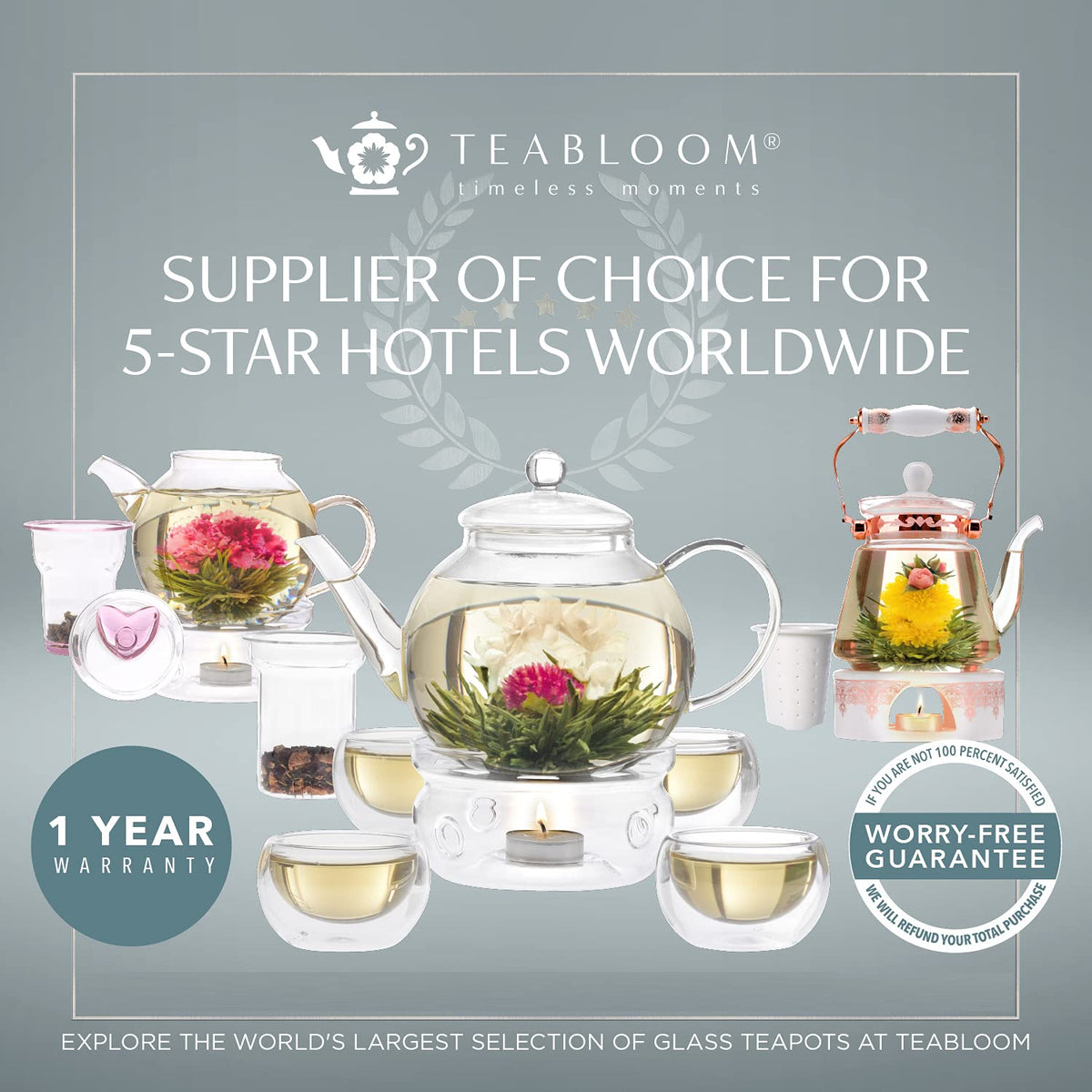 One-year warranty backed Teabloom glass tea set.