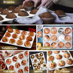 TeamFar 2-pack muffin pans stackable for compact kitchen storage.