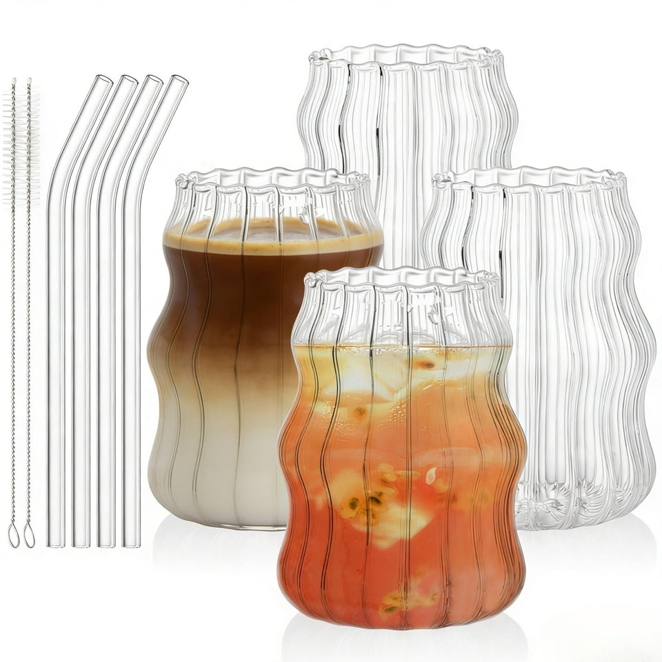 Tebery 4-pack ribbed 16oz glasses ideal for everyday sipping