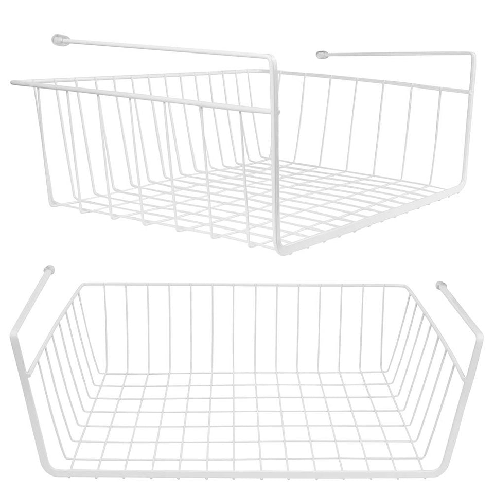 Tebery under-shelf basket white two-pack front view showing compact pantry storage