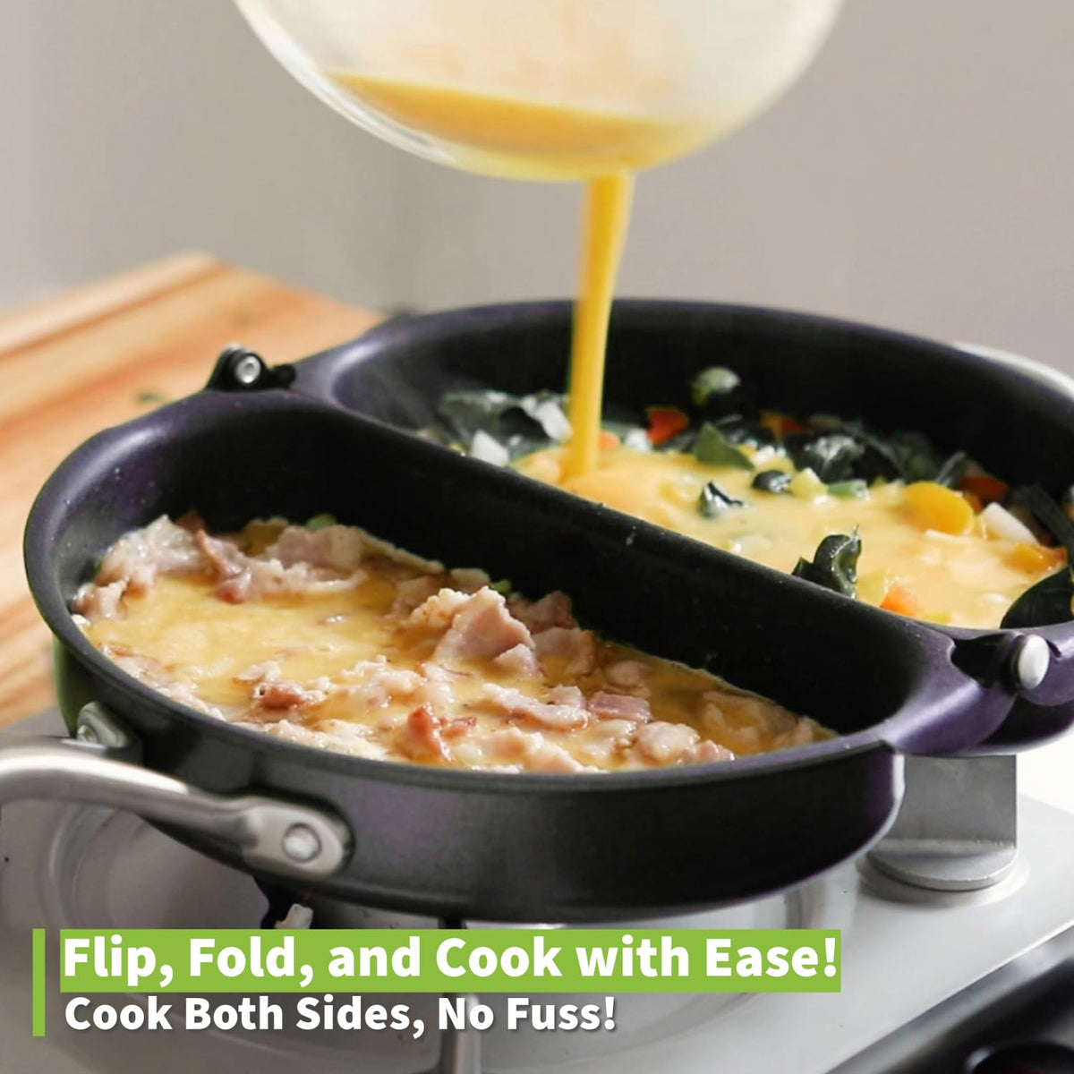 TECHEF double-sided egg pan in use, ideal for omelets and sandwiches.