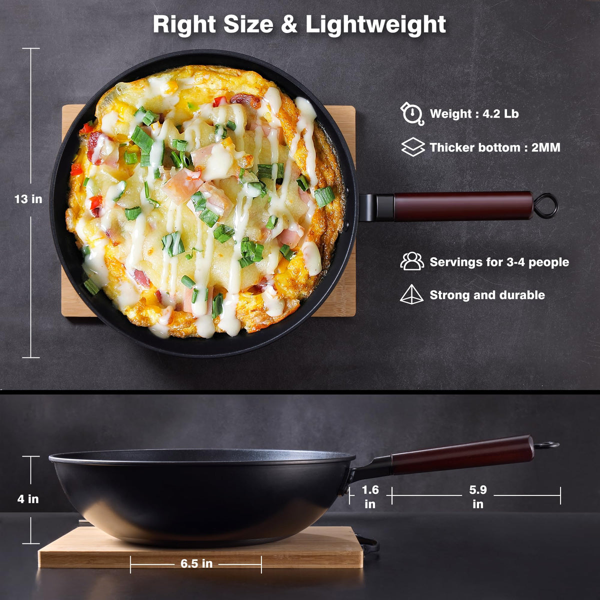 Heavy carbon steel wok delivers quick heat response and long-lasting performance.