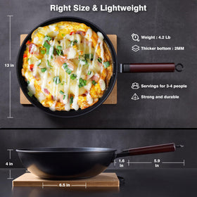 Heavy carbon steel wok delivers quick heat response and long-lasting performance.