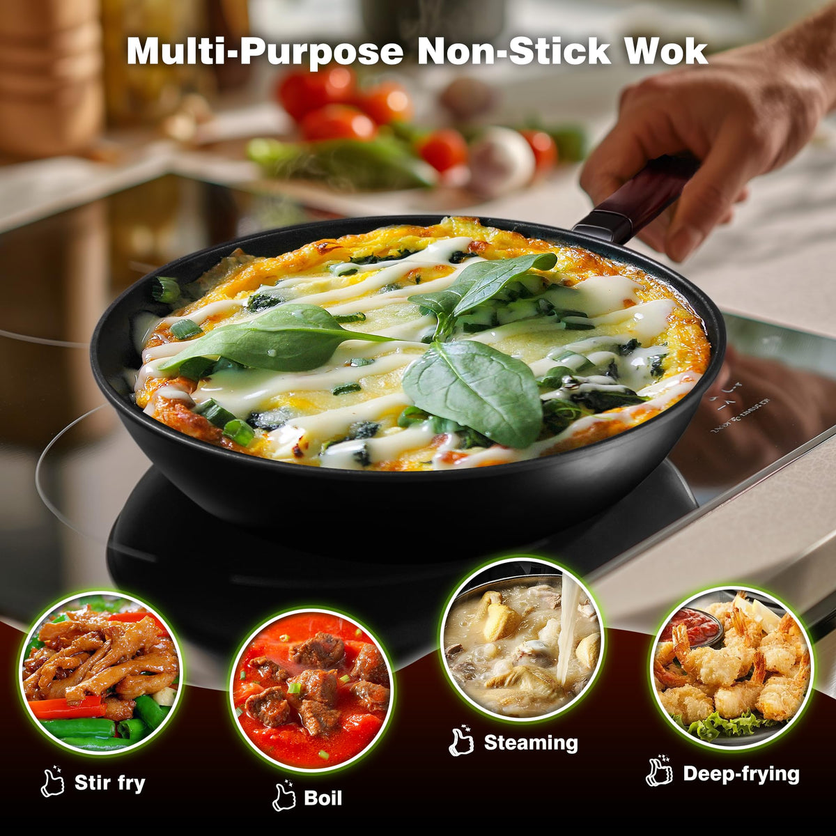 Detachable handle and lid reduce heat risk and storage space.