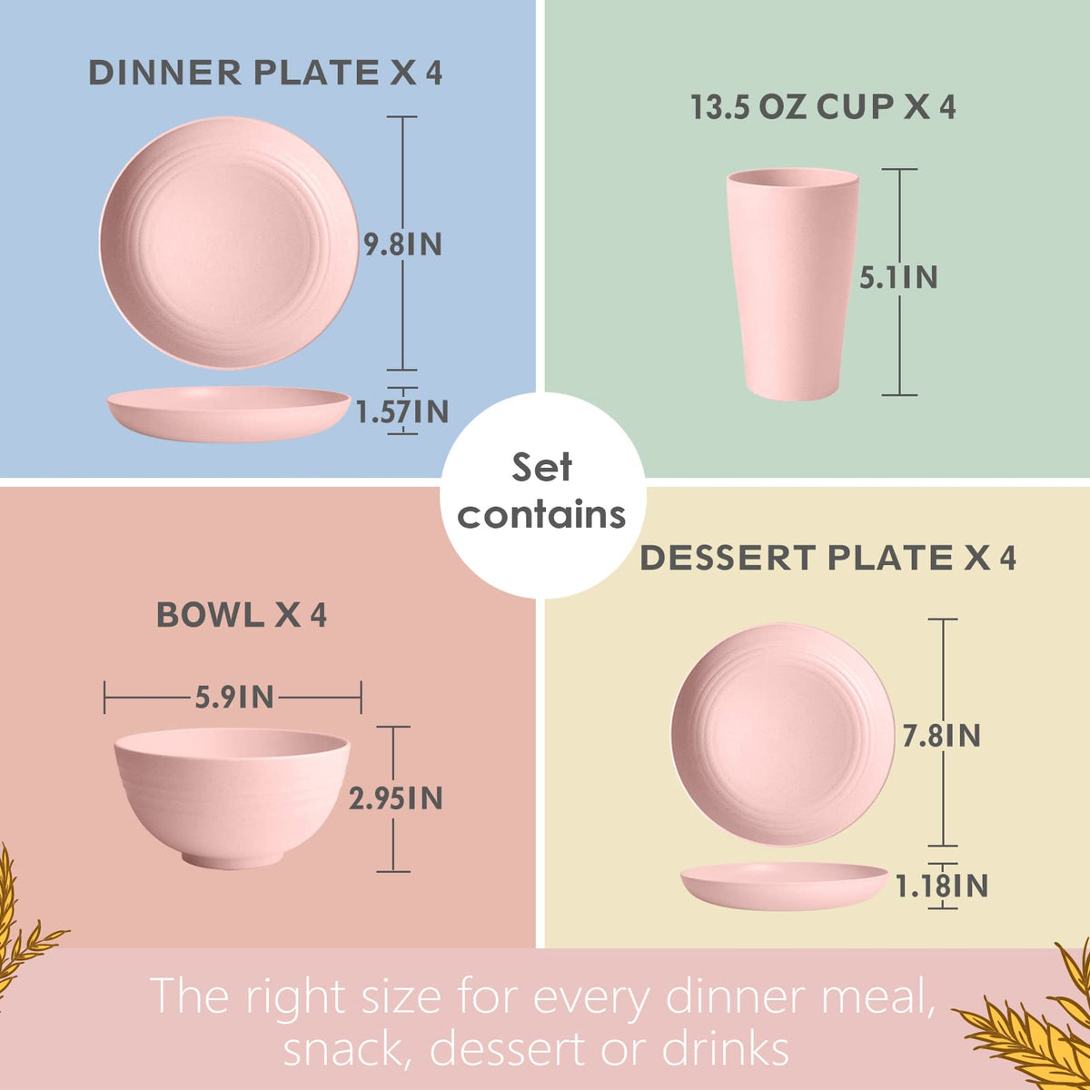 Teivio pink dinner plates stacked, space-saving design for easy storage.