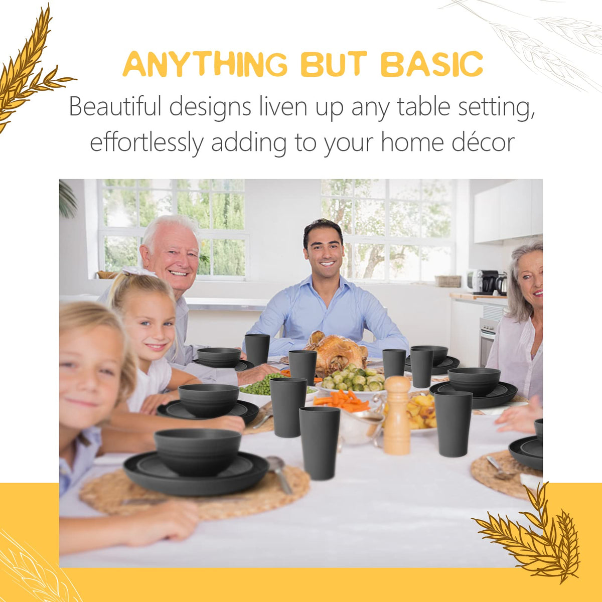 Teivio stackable wheat straw design in black, space-saving and easy to store