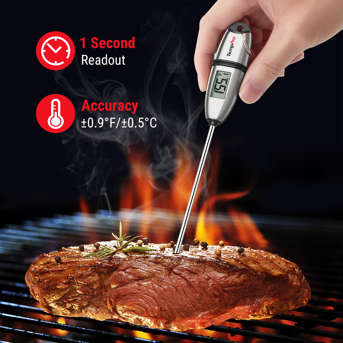 TempPro TP02S long-probe close-up highlighting safety away from heat.