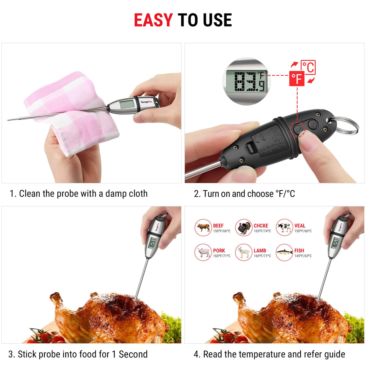 TempPro TP02S meat cooking thermometer in action with sizzling steak.