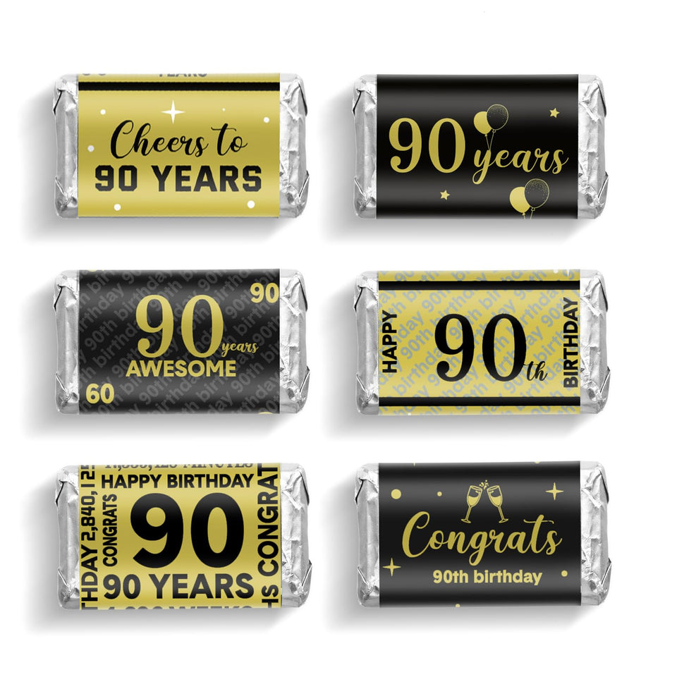 Tenare 90th birthday wrappers on a chocolate bar for stylish party favors.