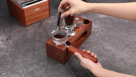 TEYEARLIFE wooden-handle bottomless portafilter showcases ergonomic grip and unique wood grain.