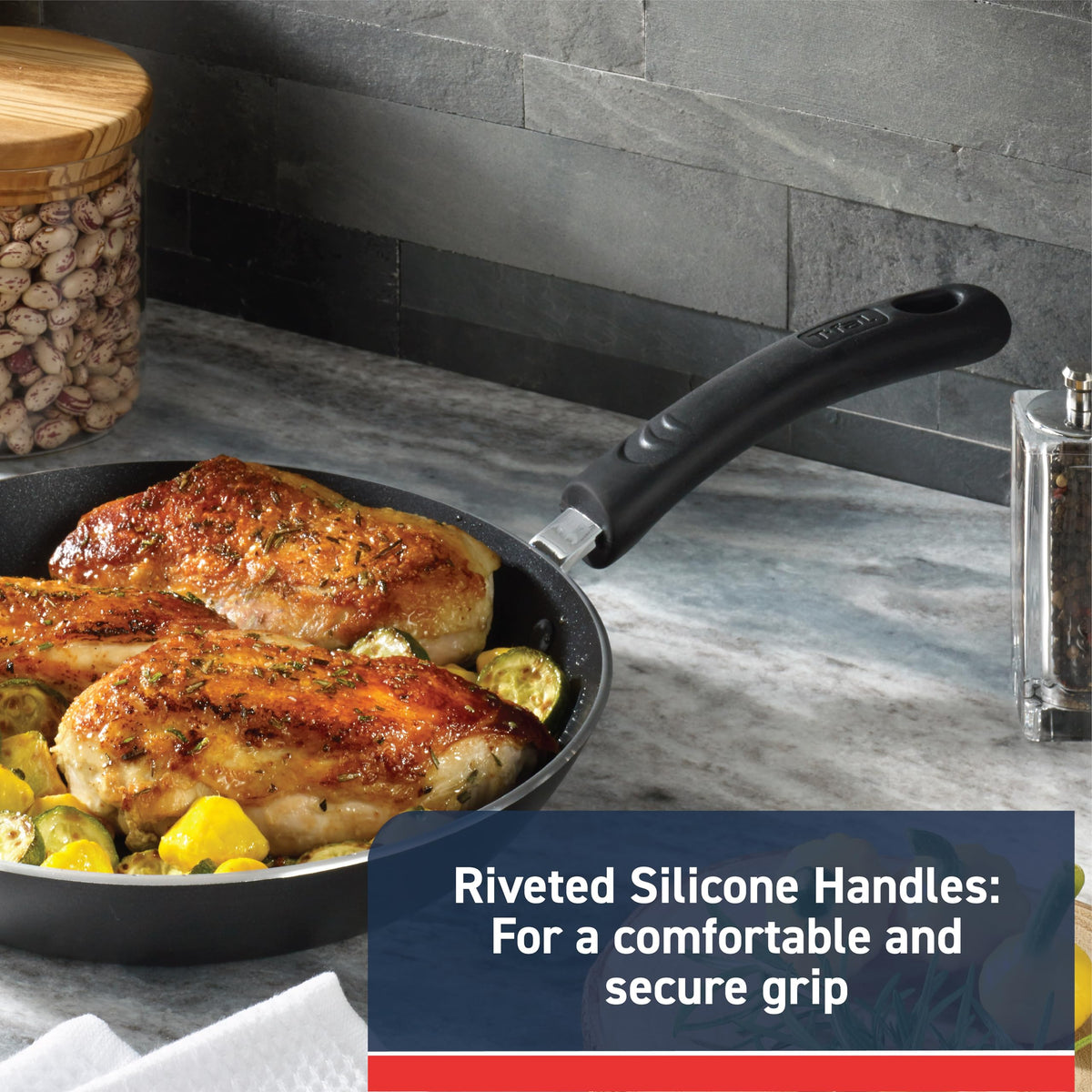 Vented glass lid on T-Fal Experience fry pan helps monitor progress while cooking