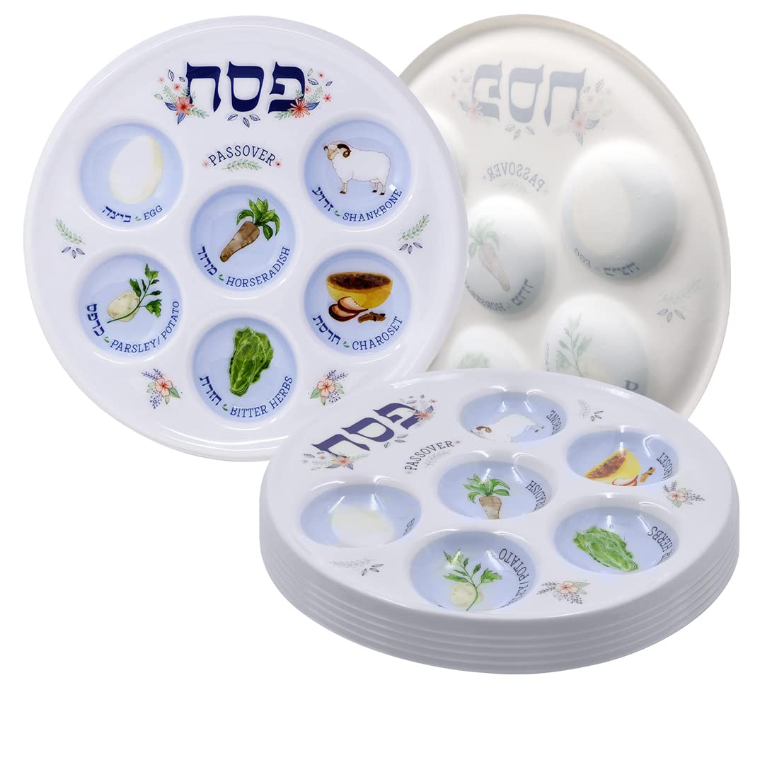 The Dreidel Company classic seder plate shows six niches for symbolic foods; reusable and elegant