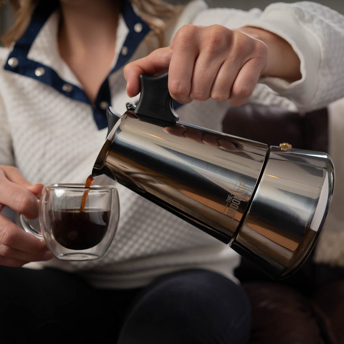 London Sip 3-cup moka pot brews a small batch of rich espresso for sharing.