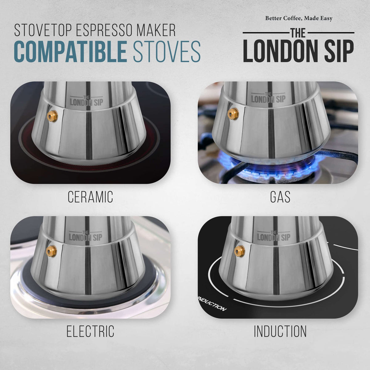 Silver finish of The London Sip stovetop coffee maker adds a modern touch.
