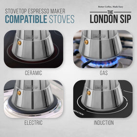 Silver finish of The London Sip stovetop coffee maker adds a modern touch.