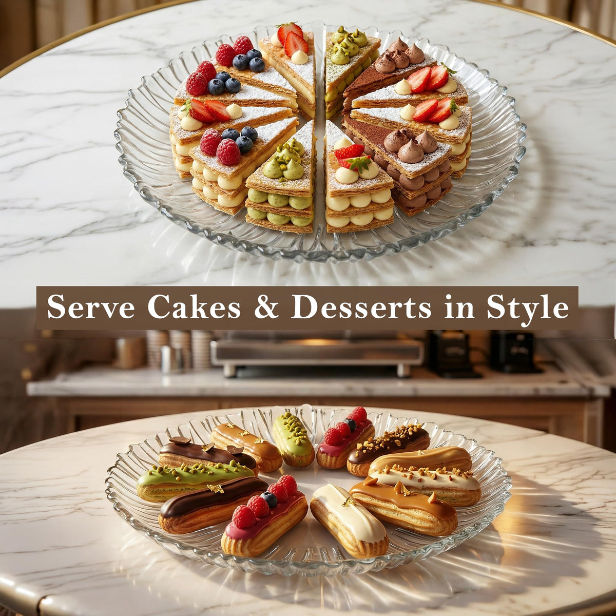 The Mask El Turko clear glass platter highlights desserts with a reflective surface for tempting visuals.