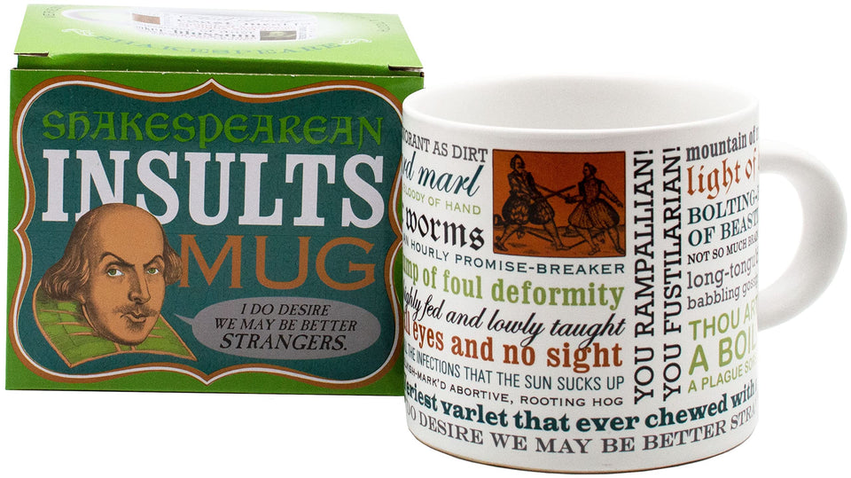 The Unemployed Philosophers Guild Shakespeare Insults Mug front view, witty morning companion.