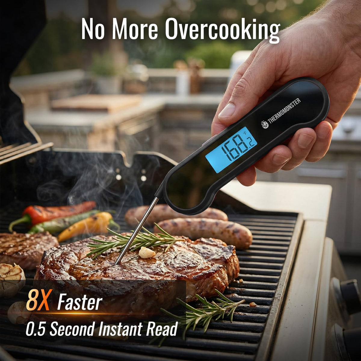ThermoMonster display close-up with backlit readout for night grilling.