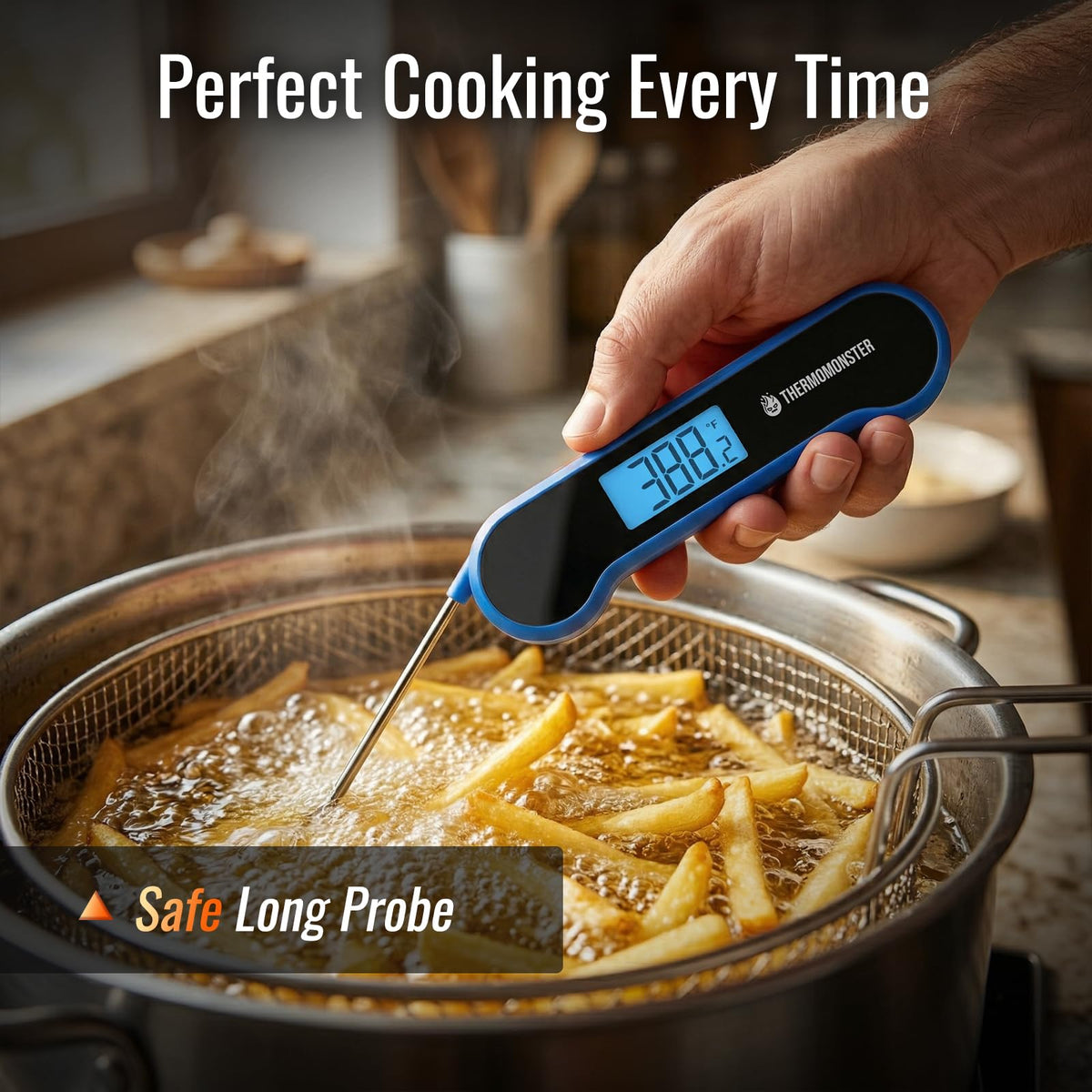 ThermoMonster motion-sensing wake reads instantly on pickup.