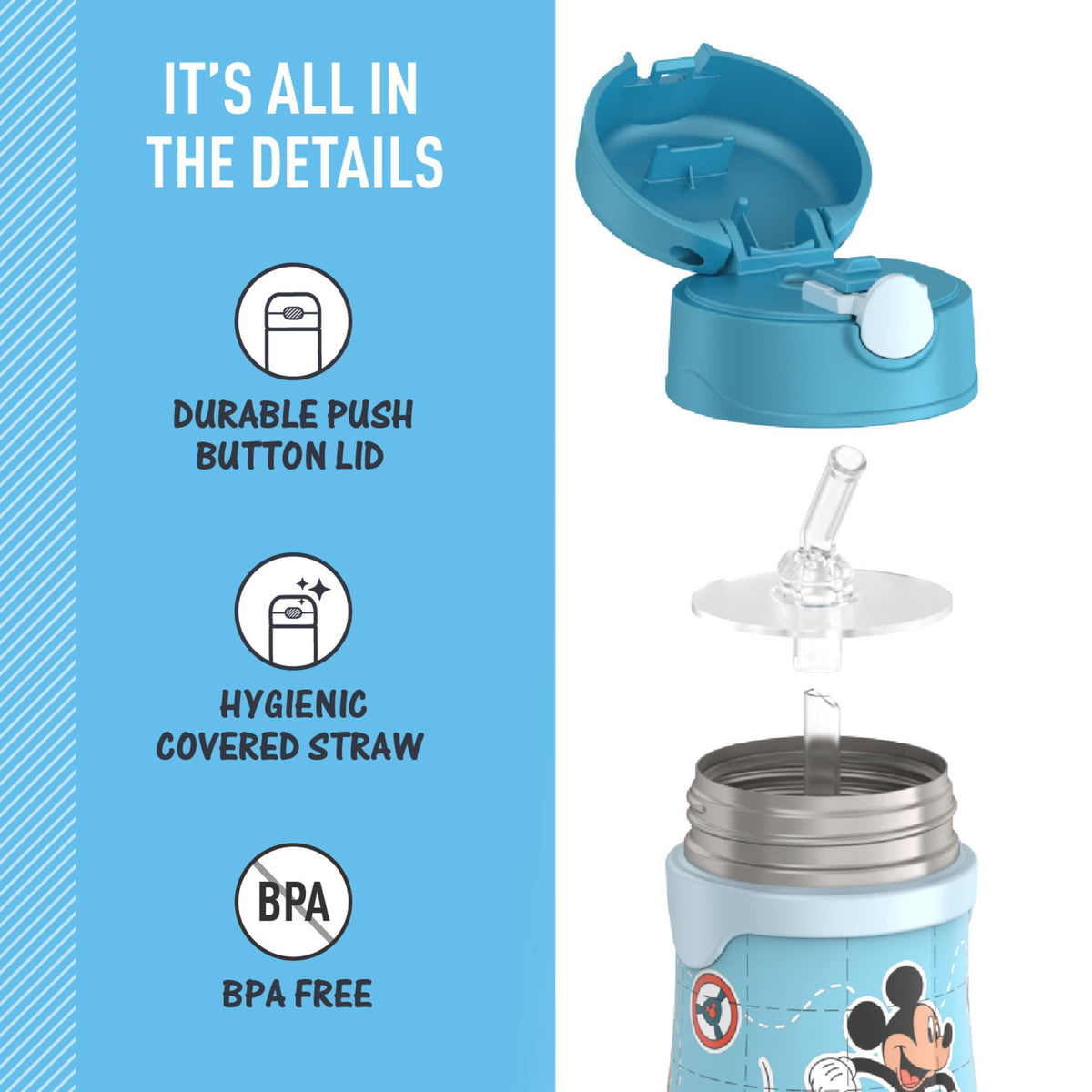Hygienic push-button lid with pop-up straw for effortless sipping by kids.
