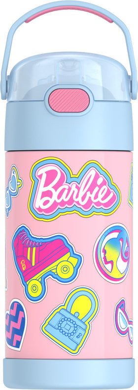 THERMOS FUNtainer Barbie 12oz bottle front view shows compact kid-friendly design