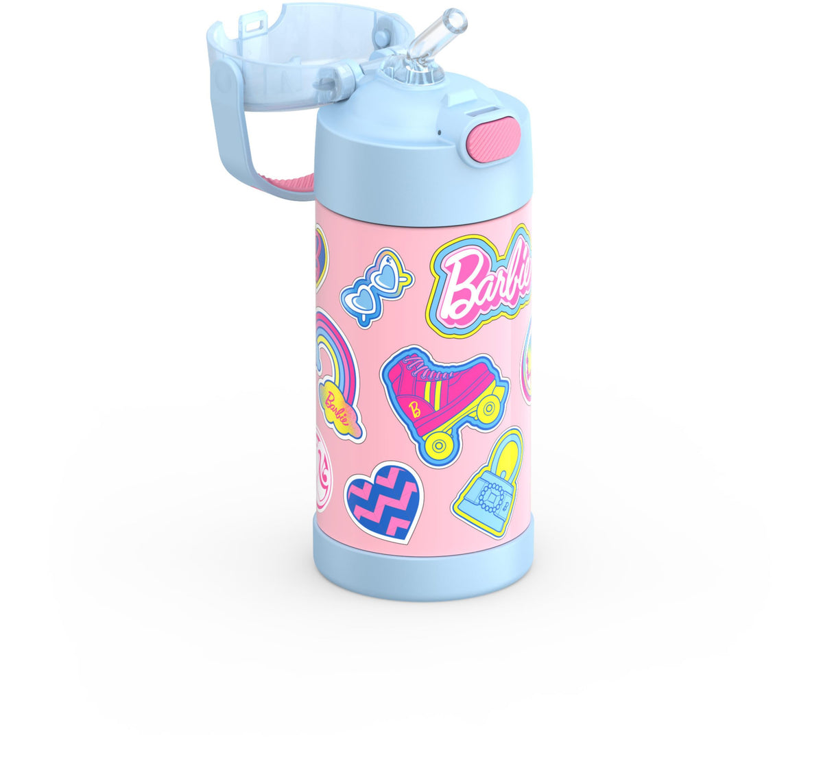 Lid closeup of THERMOS FUNtainer Barbie bottle highlighting straw