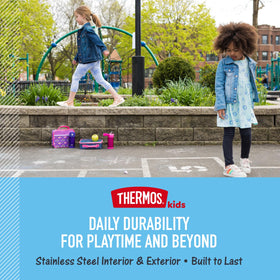 THERMOS FUNtainer durable stainless steel body withstands daily school drops.