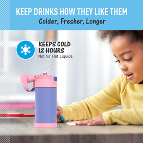 Thermos FUNTAINER purple-pink design adds visibility and appeal for kids.