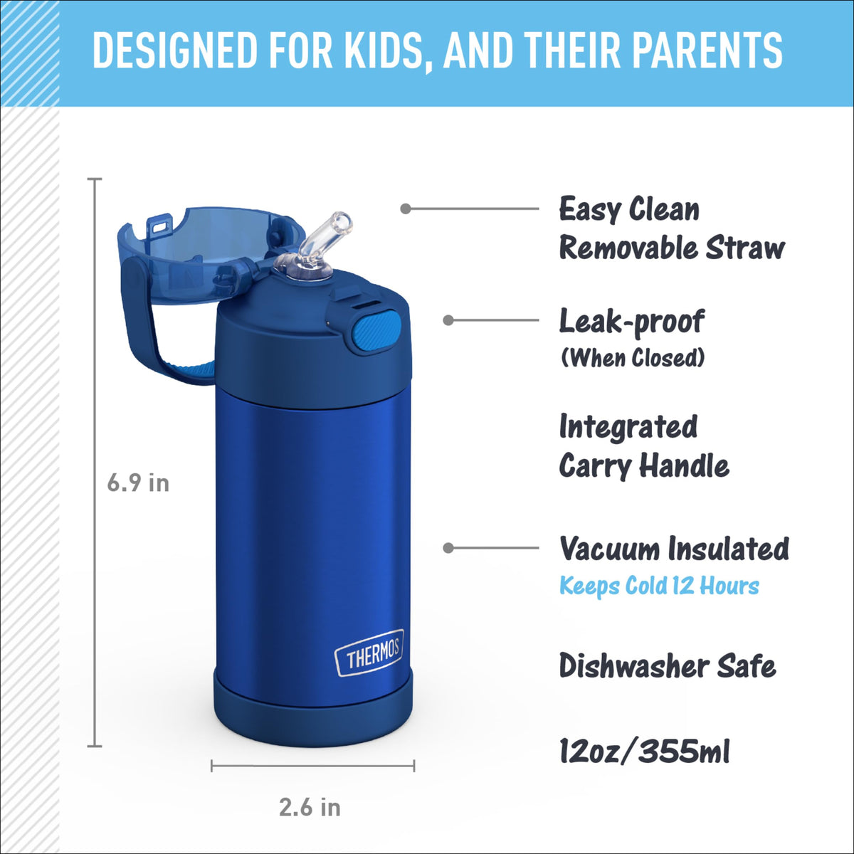 THERMOS FUNTAINER stainless steel construction shows durable design for active kids.